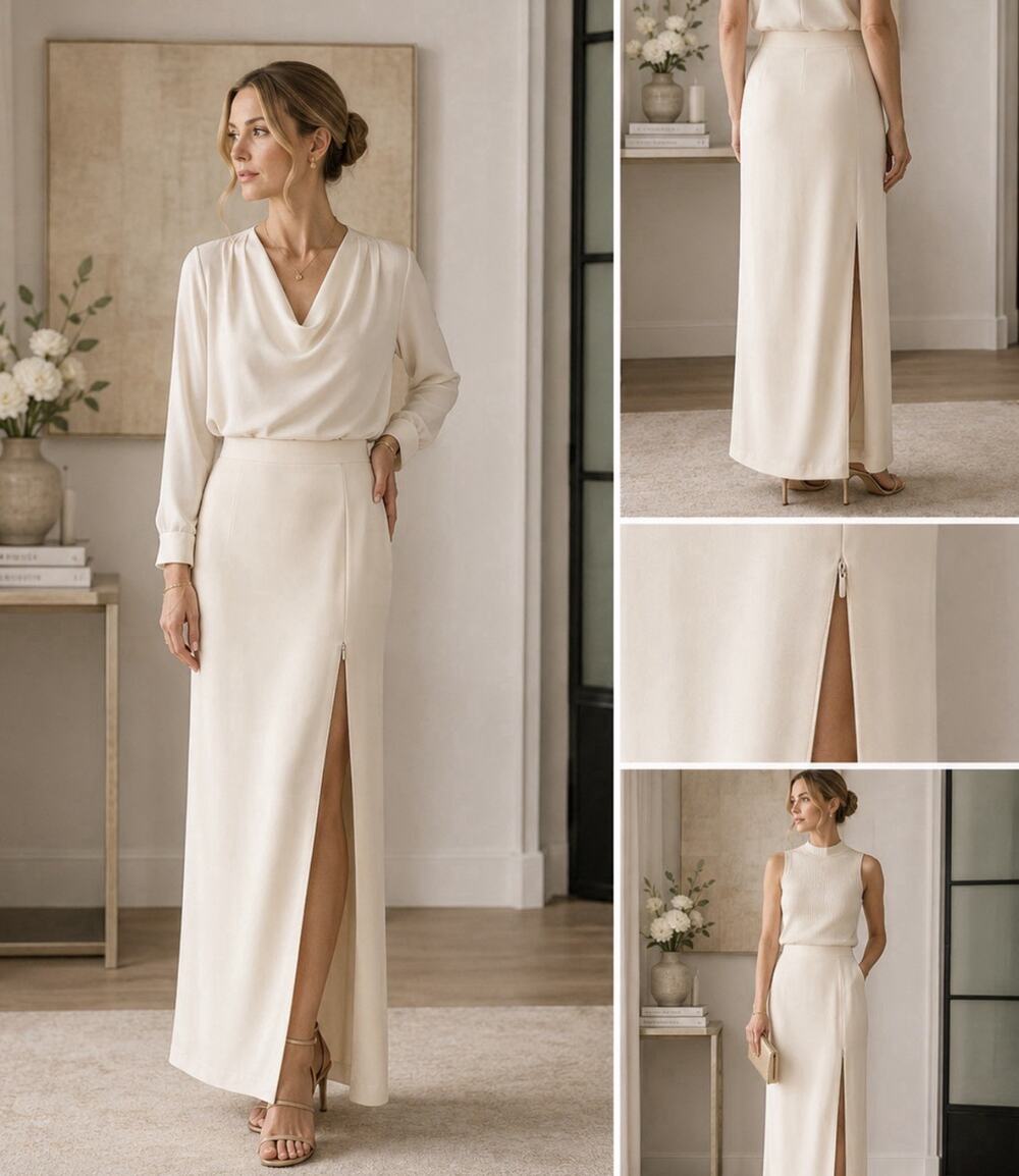 Vintage Cache Cream Maxi Column Skirt 10 USA High Zip Slit Lined Minimalist